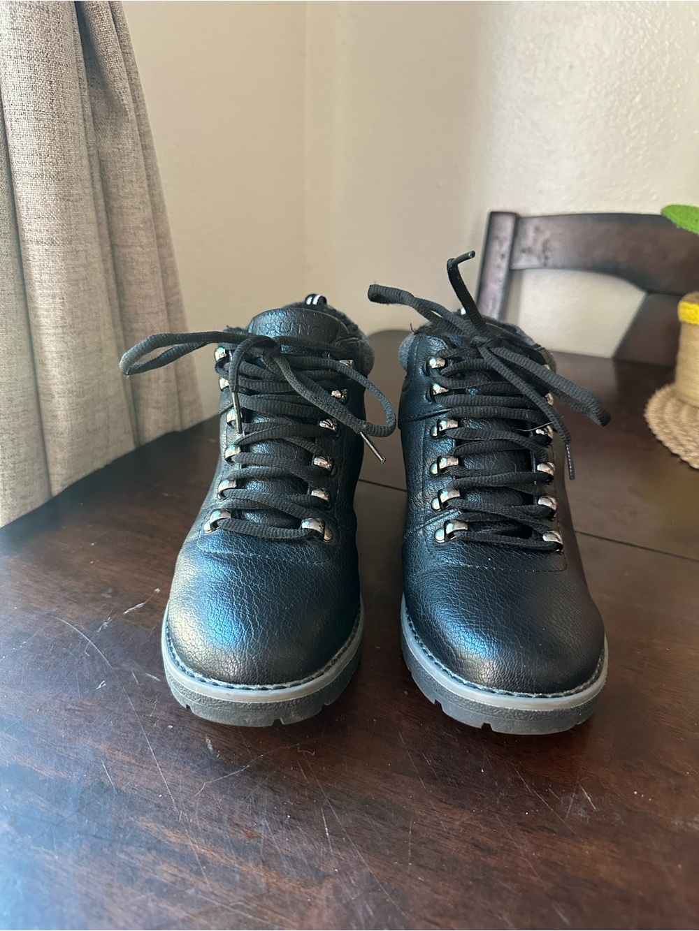 Nautica Black Faux Leather Lace-Up Trail Boots